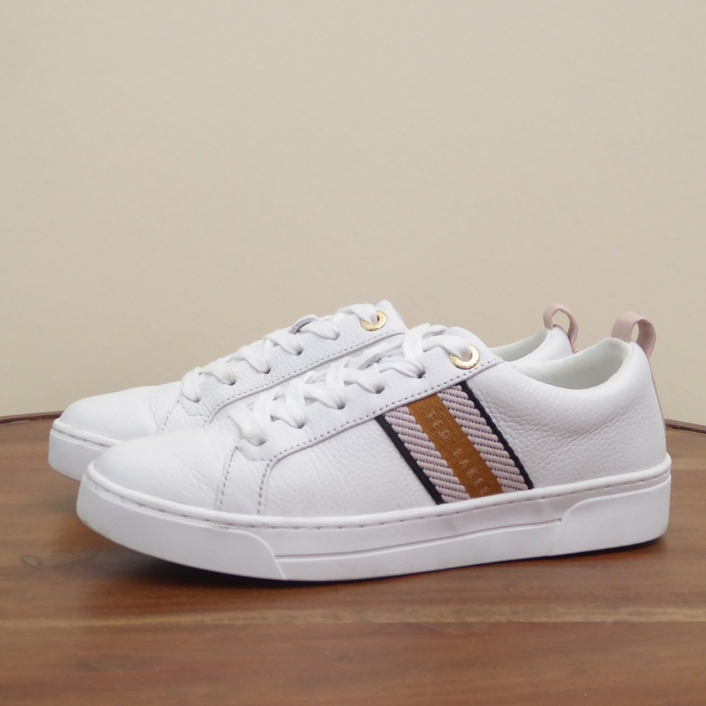 Ted Baker Womens Baily Sneakers Lace Up White Leather Webbing Stripe Size 6 - Picture 5 of 10